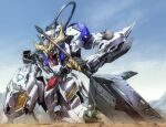  1boy blue_sky cable cable_tail cloud cloudy_sky commentary_request gundam gundam_barbatos_lupus_rex gundam_tekketsu_no_orphans highres holding holding_mace holding_weapon jacket mace mecha mecha_focus mechanical_tail mobile_suit oobari_masami orga_itsuka outdoors robot science_fiction sky spiked_hair tail tekkadan_(gundam) v-fin weapon white_hair 