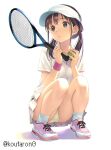  1girl artist_name ball bangs black_hair breasts commentary_request full_body green_eyes hat holding holding_racket kneeling koutaro long_hair low_twintails miniskirt original panties pantyshot pink_footwear pleated_skirt racket shirt shoes skirt small_breasts socks solo sportswear tennis tennis_ball tennis_net tennis_racket tennis_uniform thighs twintails underwear visor_cap white_background white_shirt white_skirt yellow_panties 