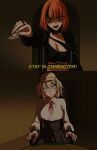  2girls absurdres animal_ears backrooms_(2026_movie) backrooms_(creepypasta) black_hair blonde_hair blue_eyes collared_shirt colored_inner_hair commentary_request cosplay ego_(takanashi_kiara) english_text fork goat_ears hat highres holding holding_fork hololive hololive_english multicolored_hair multiple_girls necktie official_alternate_costume open_mouth orange_hair red_necktie scene_reference shaded_face shirt short_hair streaked_hair suzuna_tsuzuri sweatdrop takanashi_kiara virtual_youtuber watson_amelia watson_amelia_(1st_costume) watson_amelia_(cosplay) white_shirt yubbiidraw 