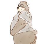 2022 anthro belly big_belly black_nose blush brown_body butt clothing eyes_closed eyewear glasses hi_res kemono lifewonders male mammal overweight overweight_male shirt simple_background solo tokyo_afterschool_summoners topwear ursid video_games volos yaki_atsuage 
