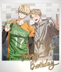  2boys black-framed_eyewear blonde_hair brothers commentary_request covered_pectorals detached_sleeves drawstring glasses grey_hoodie haikyuu!! hand_on_another's_shoulder happy_birthday highres hood hood_down hoodie male_focus multiple_boys pectorals rectangular_eyewear sendai_frogs_volleyball_uniform siblings sportswear straight-on tsukishima_akiteru tsukishima_kei upper_body v volleyball_uniform westgun 