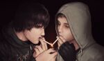  2boys absurdres black_gloves black_hair black_hoodie black_nails cigarette_kiss closed_eyes commentary cry_of_fear finger_to_mouth fingerless_gloves genre_connection gloves grey_hoodie highres holding holding_lighter hood hood_down hood_up hoodie lighter lucia_s multiple_boys nikolas_randl pyromaniac short_hair simon_henriksson upper_body 