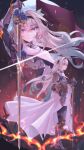  1girl alternate_costume alternate_universe aqua_hair arm_armor armor armored_boots banner black_hairband boots breastplate bridal_gauntlets cape closed_mouth commentary english_commentary expressionless fire firefly_(honkai:_star_rail) floating_hair from_side full_armor full_body glint gradient_hair grey_armor grey_hair hair_between_eyes hairband helmet high_heel_boots high_heels highres holding holding_sword holding_unworn_helmet holding_weapon honkai:_star_rail honkai_(series) knight long_hair looking_at_viewer multicolored_hair multiple_views planted planted_sword purple_eyes shoulder_armor sword toeniichan twitter_username unworn_headwear unworn_helmet very_long_hair weapon white_cape 