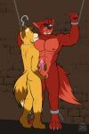  abs absurd_res anthro bodily_fluids canid canine canis chain cock_and_ball_torture cuff_(restraint) cum dungeon duo ejaculation erection five_nights_at_freddy&#039;s forced forced_orgasm fox foxy_(fnaf) genital_fluids genital_torture genitals grumpy hi_res humanoid_genitalia humanoid_penis hybrid male male/male mammal masturbation muscular muscular_anthro muscular_male nipples orgasm pecs penis restraints richart_(richartwf) scottgames shackles teeth_showing teeth_visible touching_balls unknown_artist video_games wolf 