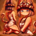 animal_crossing ankha_(animal_crossing) anthro blue_eyes blush blush_lines clothing crown dark_hair domestic_cat egyptian egyptian_clothing felid feline felis female hair headgear hi_res looking_at_viewer mammal multi_view nintendo rear_view solo uraeus wide_hips wofdraw