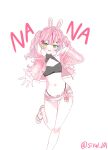  1girl belt bikini bikini_bottom_under_shorts bikini_under_clothes black_bikini blue_streaks blush character_charm character_name charm_(object) commentary cropped_jacket double-parted_bangs flip-flops foot_out_of_frame green_eyes green_streaks hair_ornament hanako_nana hand_up highleg highleg_bikini highres jacket leg_up long_hair multicolored_hair navel open_clothes open_jacket open_mouth outstretched_arm peto_(hanako_nana) pink_belt pink_hair pink_jacket pink_streaks rabbit_hair_ornament sandals shorts simple_background siyul_1121 smile solo standing standing_on_one_leg stellive streaked_hair swimsuit twintails twitter_username virtual_youtuber white_background 