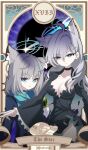 2girls absurdres ahoge animal_ear_fluff animal_ears aqua_halo artist_name balaclava black_choker black_dress black_hole black_shrug blue_archive blue_eyes blue_halo blue_jacket blue_scarf breasts card_(medium) choker cleavage commentary corrupted_halo cross cross_hair_ornament dress english_text extra_ears gloves goanchor green_gloves grey_hair hair_between_eyes hair_ornament halo highres inverted_cross jacket large_breasts long_hair looking_at_viewer medium_hair mismatched_pupils multiple_girls roman_numeral scarf shiroko_(blue_archive) shiroko_terror_(blue_archive) shrug_(clothing) side_slit tarot tarot_(medium) the_star_(tarot) twitter_username wolf_ears wolf_girl 