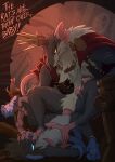 ammo_belt anthro blue_body blue_eyes blue_feet blue_skin blue_tail circe_(pankallisti) corkscrew countershading crown deadlock_(game) duo english_text extreme_size_difference feet female feral foot_fetish foot_on_breast foot_on_face fur grey_body grey_fur headgear hi_res holding_leg larger_male lying male male/female mammal mantle micro multi_nipple murid murine nipples nonbinary_(lore) on_back pankallisti penetration pink_body pink_feet pink_skin pink_tail rat rat_king_(deadlock) rodent scar scars_all_over sitting size_difference smaller_female tail tail_knot tail_wraps text tube vaginal vaginal_penetration valve wraps yellow_eyes