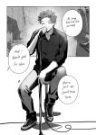  1boy absurdres closed_eyes commentary_request dress_shirt english_text highres kaohom503 male_focus microphone_stand pants phantom_busters shirt shoes short_hair simple_background singing sitting solo speech_bubble tamon_kotarou thai_commentary 