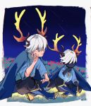  2boys antlers bad_id bad_tumblr_id black_pants black_skin blue_boots blue_cape blue_shirt boots cape character_request closed_mouth colored_skin full_body grass head_rest highres horns ikapnmn2 indian_style multiple_boys night on_ground outdoors pants red_eyes shirt short_hair sitting sky:_children_of_the_light white_hair 