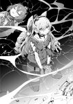 2girls amatsukaze_(kancolle) buck_teeth burnt_clothes choker closed_eyes commentary_request dress garter_straps greyscale hair_between_eyes hair_tubes headgear highres holding injury kantai_collection long_hair long_sleeves lying monochrome multiple_girls neckerchief on_back partially_submerged rigging sailor_collar sailor_dress short_hair siblings sisters sitting tamon_ketsuyuki teeth thighhighs torn_clothes very_long_hair wet yukikaze_(kancolle) 