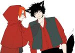  2boys animal_ears black_hair blush capelet closed_mouth cosplay dress_shirt glasses grey_vest highres hood hooded_capelet kaohom503 korekishi_eugene little_red_riding_hood_(fairy_tale_character) little_red_riding_hood_(fairy_tale_character)_(cosplay) male_focus multiple_boys orange_hair pants petting phantom_busters red_hood red_shirt round_eyewear shirt shirt_tucked_in shishikuno_mogari short_hair simple_background tail vest waistcoat werewolf white_background wolf_boy wolf_ears wolf_tail 