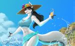  alcoholic_drink anthro beach_towel beverage bikini black_fingers black_hair blue_bikini blue_clothing blue_eyes blue_swimwear breasts canid canine canis cleavage clothed clothing female flower flower_accessory flower_on_hat flower_pattern fur hair hi_res mammal midriff plant ponytail smile solo splashing_water sun_hat swimwear towel water water_spray white_body white_fur wmdiscovery93 wolf 