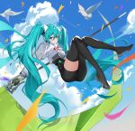  1girl absurdres bird blonde_hair blue_eyes cloud cloudy_sky confetti flag hatsune_miku highres jacket long_hair long_sleeves midair paradox_(parapa) pigeon racing_miku racing_miku_(2022) shoes sky smile solo thighhighs twintails vocaloid 