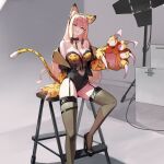  1girl absurdres animal_ears animal_hands bare_shoulders black_shoes black_survival black_thighhighs blonde_hair breasts cleavage collar commentary_request eoseoosio eternal_return:_black_survival garter_straps gloves grin high_heels highres korean_commentary large_breasts leopard_ears leotard long_hair ly_anh navel paw_gloves shoes sitting smile snow_leopard_tail solo tail thighhighs yellow_eyes 
