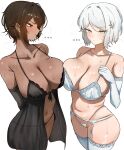  ... 2girls absurdres arm_behind_back asymmetrical_docking babydoll bare_shoulders black_babydoll black_gloves black_panties blue_eyes blush bra breast_press breasts brown_eyes brown_hair cleavage closed_mouth collarbone commentary cowboy_shot dark-skinned_female dark_skin elbow_gloves faust_(project_moon) garter_belt gloves halterneck highres large_breasts light_frown limbus_company lingerie looking_at_another looking_at_viewer multiple_girls navel outis_(project_moon) panties project_moon see-through_clothes short_hair simple_background standing steaming_body stomach strap_gap string_panties sweat thighhighs tomosakaaa underwear white_background white_bra white_garter_belt white_hair white_panties white_thighhighs 