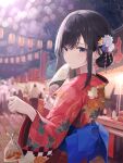  1girl ale_nqki animal_print bangs black_hair blue_ribbon blurry blurry_background blush character_request closed_mouth copyright_request earrings fish fish_print floral_print flower goldfish goldfish_print hair_between_eyes hair_flower hair_ornament hand_fan highres holding holding_fan japanese_clothes jewelry kimono lantern long_sleeves looking_at_viewer looking_back mole mole_under_eye night night_sky paper_fan print_kimono purple_eyes red_kimono ribbon second-party_source sidelocks sky smile solo_focus summer_festival uchiwa wide_sleeves yukata 