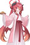  1girl alternate_costume black_horns blue_archive commentary_request demon_girl demon_horns demon_wings dopo fang feet_out_of_frame food gradient_hair gradient_halo hair_bun halo hanbok highres holding holding_plate horns hr.r junko_(blue_archive) korean_clothes long_hair long_skirt long_sleeves looking_at_viewer low_wings multicolored_hair multicolored_halo open_mouth orange_hair orange_halo pink_hanbok pink_robe plate purple_eyes red_hair red_halo red_skirt red_wings robe simple_background skin_fang skirt slit_pupils smile solo standing very_long_hair white_background wings 