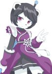 anthro bear black_body black_bottomwear black_clothing black_fur black_hair black_nose black_skirt bottomwear chinese_knot clothing female freedom_planet fur galaxytrail gesture giant_panda hair hand_gesture holding_object mammal neera_li pleated_skirt purple_clothing purple_eyes rounded_ears she_lath short_hair shoulder_pads simple_background skirt solo standing v_sign white_background white_body white_fur