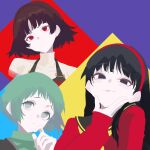  3girls absurdres amagi_yukiko black_eyes black_hair brown_hair cardigan closed_mouth commentary donjimq gekkoukan_high_school_uniform green_eyes green_hair hand_on_own_chin highres long_hair long_sleeves looking_at_viewer multiple_girls niijima_makoto persona persona_3 persona_4 persona_5 red_cardigan red_eyes sailor_collar school_uniform short_hair shuujin_academy_school_uniform simple_background smile trait_connection untranslatable_commentary yamagishi_fuuka yasogami_school_uniform 