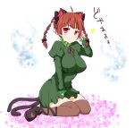  1girl animal_ears braid cat_ears cat_tail closed_mouth dress extra_ears kaenbyou_rin looking_at_viewer maisaka multiple_tails pointy_ears red_eyes red_hair simple_background sitting solo tail thighhighs touhou twin_braids white_background 