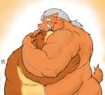  2022 anthro belly big_belly black_nose blush brown_body duo embrace hi_res hug humanoid_hands kemono male male/male mammal mature_male overweight overweight_male pochizizi suid suina sus_(pig) ursid wild_boar 