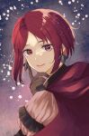  1girl artist_request blush closed_mouth dress fire_emblem fire_emblem:_three_houses fire_emblem_warriors:_three_hopes gloves highres long_hair long_sleeves looking_at_viewer monica_von_ochs official_alternate_costume official_alternate_hairstyle red_eyes red_hair short_hair simple_background smile solo upper_body 