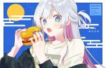  1girl blue_eyes blush border cho_kaguya-hime! colored_inner_hair commentary egasumi grey_hair half_updo highres long_hair multicolored_hair nail_polish outside_border pink_hair purple_nails runami_yachiyo shirt solo tsukimi_burger untranslatable_commentary urtk07 white_border white_shirt 