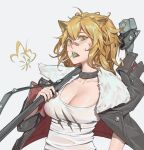  1girl absurdres animal_ears arknights bandaid bandaid_on_face bandaid_on_nose black_choker black_jacket black_nails blonde_hair breasts candy chen_zhang choker cleavage food hammer highres holding holding_weapon jacket large_breasts lion_ears lion_girl lollipop looking_at_viewer open_mouth shirt siege_(arknights) upper_body weapon white_background white_shirt yellow_eyes 