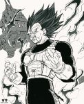  1boy absurdres arii_me05 armor artist_name battle_damage blood blood_on_face broken_armor commentary dragon_ball dragon_ball_super earrings english_commentary gloves greyscale highres jewelry looking_at_viewer male_focus monochrome no_eyebrows open_mouth saiyan saiyan_armor signature smile solo spiked_hair sweat teeth torn_clothes twitter_username ultra_ego_(dragon_ball) vegeta veins 