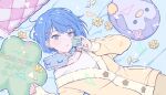  1girl :o bed_sheet black_bra blue_eyes blue_hair bob_cut bra bra_strap cardigan collarbone colorful_palette cookie dot_nose fingernails flower food game_asset group_name hair_ornament hairclip happy_birthday highres holding holding_cookie holding_food inverted_bob kiritani_haruka light_blush long_sleeves looking_at_viewer lying off-shoulder_shirt off_shoulder official_alternate_costume official_art on_back on_bed open_mouth outline pajamas pants petals pillow project_sekai puffy_long_sleeves puffy_sleeves shirt short_hair sleeves_past_wrists solo stuffed_animal stuffed_penguin stuffed_toy third-party_source triangle underwear upper_body white_outline white_shirt yellow_cardigan yellow_flower yellow_pants yellow_petals 