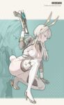  1girl absurdres animal_ear_hairband animal_ears arm_up armband between_breasts black_survival breasts character_name cleavage closed_mouth collared_shrug colored_eyebrows d'orsay_heels eternal_return:_black_survival fake_animal_ears full_body gloves gold_hairband gold_shoes grey_eyes grey_gloves grey_hair grey_shrug gun hairband haze_(black_survival) haze_(royal_bunny)_(black_survival) heel_up high_heels highres holding holding_gun holding_weapon large_breasts leotard light_frown long_hair long_sleeves looking_ahead low_neckline on_one_knee rabbit_ears rabbit_tail red_pupils shoes shrug_(clothing) side_part sidelocks skindentation solo strap_between_breasts tail thick_thighs thighhighs thighs weapon white_thighhighs zoom_layer zunsan 