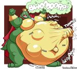 2026 abdominal_bulge anthro belly big_belly biped bracelet burp_cloud burping cape claws clothing crocodile crocodilian crown donkey_kong_(series) face_imprint flamingtiger98 green_body hand_imprint headgear hi_res huge_belly imprint jewelry king_k._rool kremling male moobs multicolored_body navel nintendo obese open_mouth outie_navel overweight reptile rumbling_stomach scalie signature slosh sloshing_belly soft_vore solo standing struggling struggling_prey tail tan_body teeth tongue torkumatigburr unwilling_prey vore