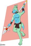  absurd_res anthro canid canine canis clothed clothing digital_media_(artwork) fennec fox fur green_body green_fur greensodafennec hair hi_res holding_object holding_weapon male mammal melee_weapon polearm simple_background solo spear weapon 