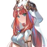  1girl bangs blue_eyes blush breasts closed_mouth commentary_request genshin_impact hair_ornament highres horns jazztaki long_hair looking_at_viewer medium_breasts nilou_(genshin_impact) red_hair sidelocks simple_background smile solo veil white_background 