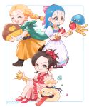  3girls aged_down apple belt bianca_(dq5) black_hair blue_eyes blue_hair boots bow bracelet braid brown_boots cape cloak closed_eyes closed_mouth commentary_request deborah_(dq5) dragon_quest dragon_quest_v dress earrings flora_(dq5) food fruit full_body goodybag_(dragon_quest) green_cape green_cloak hair_bow hammerhood_(dragon_quest) healslime highres holding holding_food holding_fruit jewelry long_hair multiple_girls open_mouth orange_dress pink_bow pink_dress red_shoes running shoes sitting smile standing tsunao527 twin_braids twitter_username white_dress 