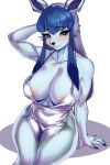 abs anthro areola athletic big_breasts blue_nails blush breasts clothed clothing cocktail_dress colored_nails dress eeveelution female generation_4_pokemon glaceon grey_clothing grey_dress hair hi_res nails nintendo nipple_outline pokemon pokemon_(species) skimpy solo thick_thighs wide_hips zwei_(saedelaere)