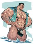  1boy abs bara black_hair black_male_swimwear broad_shoulders bulge chest_hair commentary facial_hair frown glasses hands_on_own_hips jewelry male_swimwear marvel marvel_rivals muscular muscular_arms muscular_legs muscular_male necklace ocean outdoors pectorals pubic_hair rybiok short_hair standing swim_briefs the_punisher_(aqua_arsenal)_(marvel) the_punisher_(character) the_punisher_(series) towel towel_around_neck untranslatable_commentary veins veiny_arms wristband 