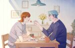  2boys arm_on_table black_pants black_shirt brown_eyes cake challia_bull commentary_request cup facial_hair feeding food glasses goatee green_eyes green_hair grey_pants grey_shirt gundam gundam_gquuuuuux holding holding_cup holding_spoon indoors looking_at_another looking_at_food male_focus mature_male medium_hair mochikogqx mug multiple_boys mustache on_table open_mouth orange_hair pants shirt short_hair sitting spoon strawberry_shortcake table xavier_olivette 