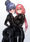  2girls absurdres ass ass_grab black_bodysuit black_gloves blue_eyes blue_hair bodysuit closed_mouth commission elbow_gloves gloves hair_bun hairband highres kagamihara_nadeshiko kilye_kairi latex latex_bodysuit lips long_hair looking_at_viewer low_twintails multiple_girls parted_lips pink_hair purple_eyes shima_rin short_hair skeb_commission skin_tight smug twintails yurucamp 