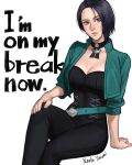  1girl black_choker blue_hair breasts choker cleavage cowboy_shot english_text fire_emblem fire_emblem:_three_houses green_jacket hand_on_own_knee highres jacket large_breasts looking_at_viewer nanbu_yasumi purple_eyes shamir_nevrand short_hair simple_background sitting solo watermark white_background 