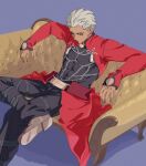  1boy anianiani0607 archer_(fate) armor breastplate coat commentary_request couch crossed_legs dark-skinned_male dark_skin fate/stay_night fate_(series) highres male_focus on_couch open_clothes open_coat red_coat sitting solo spiked_hair white_hair 