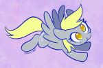  2018 blonde_hair celebi-yoshi cutie_mark derpy_hooves_(mlp) digital_media_(artwork) equid equine eyelashes feathered_wings feathers female feral flying friendship_is_magic grey_body grey_feathers hair hasbro mammal my_little_pony pegasus smile solo wings yellow_tail 