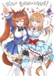  +_+ 2girls aiguillette almond_eye_(the_changer)_(umamusume) almond_eye_(umamusume) animal_ears arm_up black_bow black_thighhighs blue_eyes blue_gloves blue_jacket blue_skirt blush bow bow_hairband braid braided_sidelocks breasts brown_hair buttons center_frills checkered_collar colored_inner_hair commentary_request daiwa_scarlet_(peak_blue)_(umamusume) daiwa_scarlet_(umamusume) detached_sleeves double-breasted dress epaulettes fang fingerless_gloves frills garter_straps gloves hair_intakes hair_ornament hairband hairclip highres horse_ears horse_girl horse_tail index_finger_raised jacket juliet_sleeves large_breasts layered_legwear layered_skirt levi_asu14 long_hair long_sleeves looking_at_viewer medium_breasts multicolored_hair multiple_girls one_eye_closed open_mouth puffy_sleeves red_eyes shirt sidelocks skirt smile symbol-shaped_pupils tail thighhighs tiara twintails umamusume very_long_hair white_hairband white_shirt white_skirt white_thighhighs x-shaped_pupils 