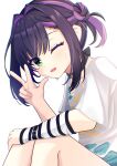  1girl :d ;d arm_warmers black_choker black_hair blush choker clothes_writing commentary_request dutch_angle eyelashes eyes_visible_through_hair green_eyes hair_between_eyes hair_bun hair_intakes hand_on_own_knee hand_up heart heart_choker heart_o-ring highres knees_up limelight_lemonade_jam looking_at_viewer medium_hair multicolored_hair nabari_anju nanatsu_(na_na_tsu) o-ring o-ring_choker one_eye_closed one_side_up open_mouth purple_streaks shirt short_sleeves sidelocks simple_background single_arm_warmer single_side_bun sitting smile solo streaked_hair striped_arm_warmers sweat t-shirt torn_clothes torn_shirt twitter_username w white_background white_shirt 