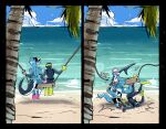 4_fingers absurd_res ambiguous_gender anthro aquatic beach bikini bikini_top blue_body blue_hair bottomwear clothed clothing day denim denim_bottomwear denim_clothing denim_shorts diving_suit duo facial_piercing female fin fingers fish flat_chested footwear hair hat headgear headwear herny hi_res jawlene_(herny) long_hair motion_lines nose_piercing nose_ring outside piercing ponytail ring_piercing seaside septum_piercing septum_ring shark sharp_teeth shoes shorts swimwear tail tail_fin teeth two-piece_swimsuit