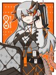  1girl alternate_breast_size_(larger) arknights belt black_skirt breasts commentary_request dragon_girl dragon_horns dragon_tail frown grey_hair gun hair_between_eyes highres holding holding_gun holding_shield holding_weapon horns id_card large_breasts long_hair multiple_belts orange_background orange_eyes orange_nails outside_border rhine_lab_logo sanguisrubigo saria_(arknights) shield shirt single_feather skirt solo tail weapon white_shirt 