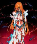 bleach bleach:_sennen_kessen-hen blood blood_from_eyes blood_on_clothes blood_on_face breasts cleavage detached_sleeves energy hair_between_eyes hair_over_one_eye highres inoue_orihime inoue_orihime_(sennen_kessen-hen) large_breasts long_hair long_skirt loose_hair_strand orange_hair panyasan_777 red_eyes ribbed_vest shun_shun_rikka single_bare_shoulder skirt torn_clothes vest white_skirt white_vest 