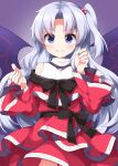  1girl black_bow black_bowtie blue_eyes blush bow bowtie capelet closed_mouth commentary_request dress gradient_background grey_hair hair_bobbles hair_ornament highres long_hair long_sleeves looking_at_viewer multiple_wings one_side_up purple_background purple_wings red_capelet red_dress ruu_(tksymkw) shinki_(touhou) smile solo touhou touhou_(pc-98) very_long_hair wide_sleeves wings 