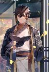  1boy alternate_costume antenna_hair architecture arm_behind_back artist_name belt bird black_bird black_gloves black_robe black_sash blurry blurry_background book brown_eyes brown_hair chinese_clothes closed_mouth colored_inner_hair commentary_request cowboy_shot daxiushan earrings east_asian_architecture eyeshadow floral_print genshin_impact ginkgo_leaf gloves hair_between_eyes hand_up hanfu highres holding holding_book jewelry leaf long_hair long_sleeves looking_at_object looking_down low_ponytail makeup male_focus mandarin_collar multicolored_hair open_book open_clothes open_robe orange_hair ponytail reading red_belt red_eyeshadow robe sash shadow single_earring solo standing sunlight tassel tassel_earrings tsunakawa very_long_hair white_hanfu wide_sleeves zhongli_(genshin_impact) 